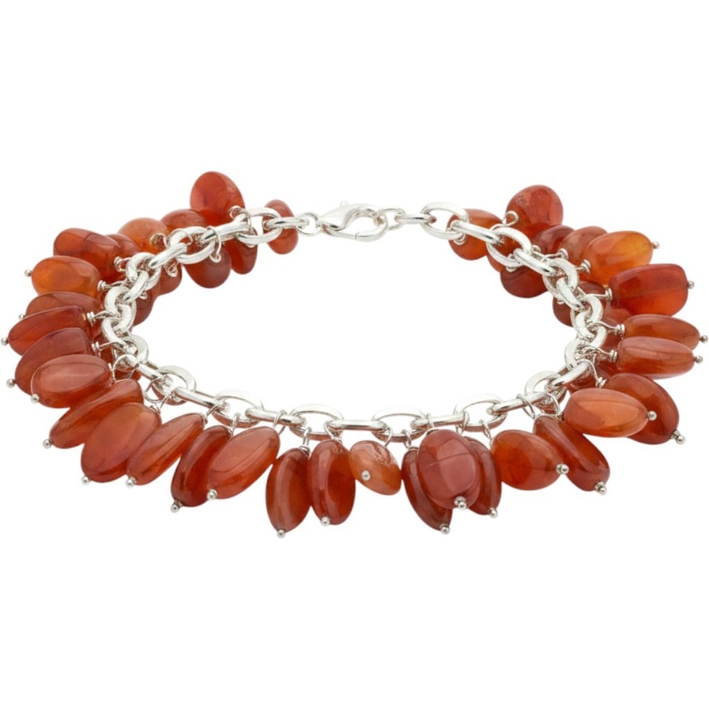 Carnelian Agate Chunky Charm Bracelet Orange Stone Silver Tone Toggle 7.5 Inch